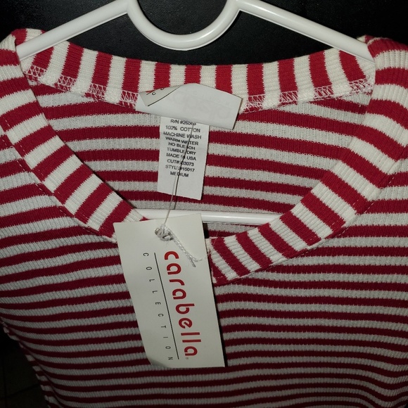 Carabella Red/White Stripe Ribbed V-Neck Tee M NWT - Picture 3 of 6